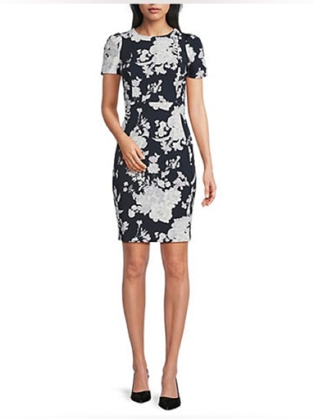 Calvin Klein Floral Print Scuba Crepe Crew Neck Short Sleeve Dress